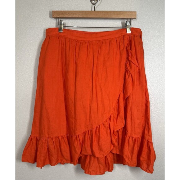 J Crew 100% Linen Faux Wrap Ruffle Skirt Womens 14 Tall Orange A-Line Layered - Picture 3 of 13